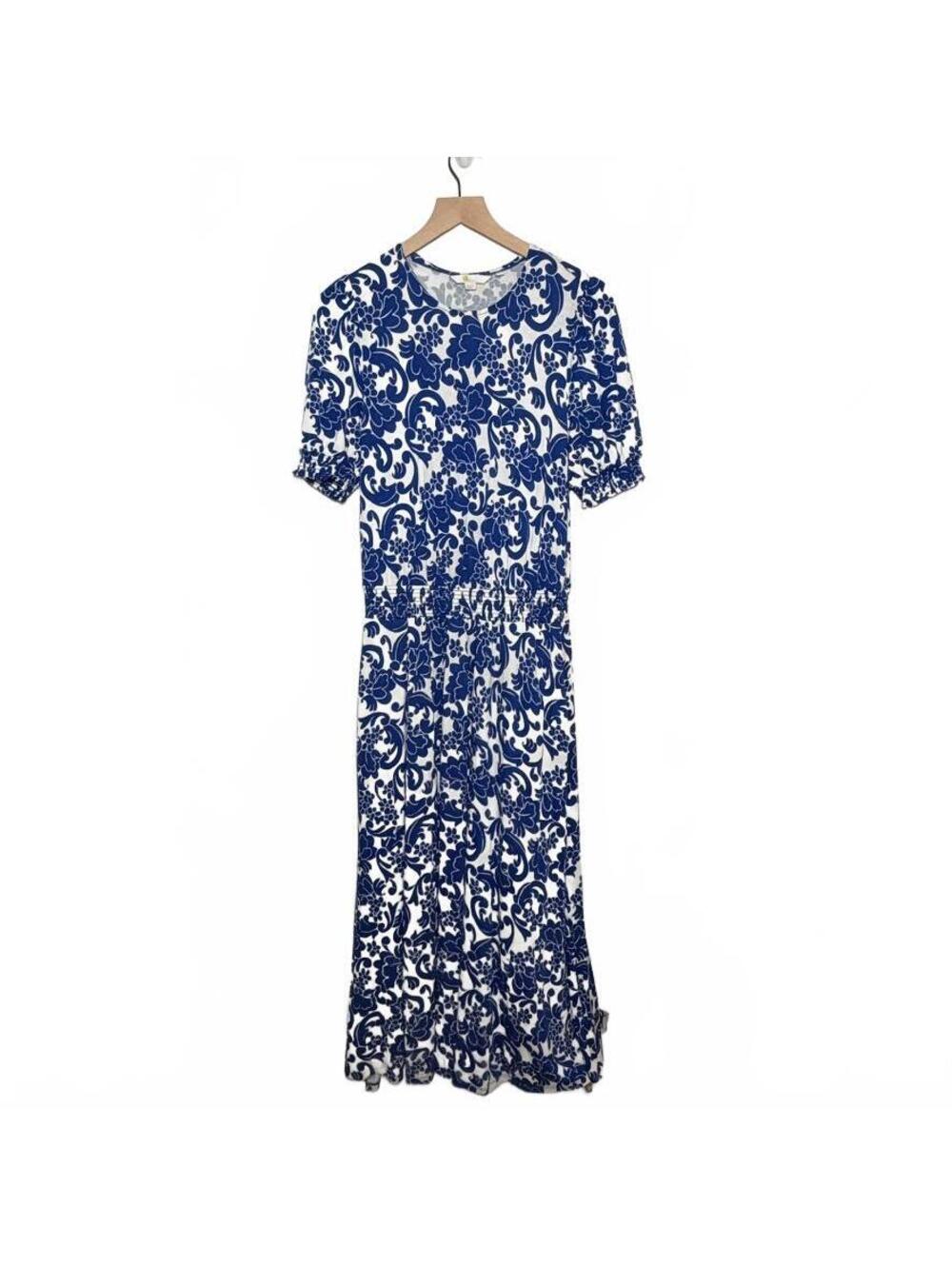 Boden Blue White Floral Smocked Waist Maxi Dress Puff Sleeve US 8R